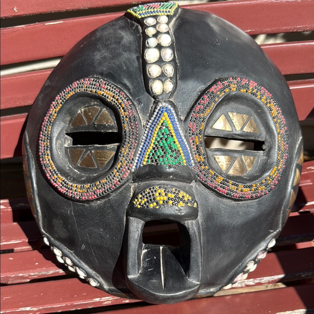 Vintage Handcarved Beaded and Inlaid African Mask from Ghana